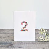 2nd Birthday card, 2nd Anniversary card sewn card with Liberty fabric handmade by Stitch Galore