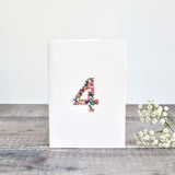 4th Birthday card, 4th Anniversary card sewn card with Liberty fabric handmade by Stitch Galore