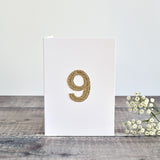 9th Birthday card, 9th Anniversary card sewn card with gold glitter fabric handmade by Stitch Galore