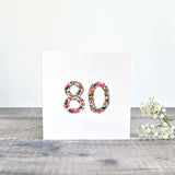 80th Birthday card, Age 80 card, sewn card with Liberty fabric handmade by Stitch Galore