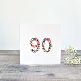 90th Birthday card, Age 90 card, sewn card with Liberty fabric handmade by Stitch Galore