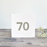 70th Birthday card, Age 70 card, sewn card with silver glitter fabric handmade by Stitch Galore