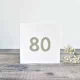 80th Birthday card, Age 80 card, sewn card with silver glitter fab