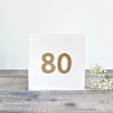 80th Birthday card,80th Birthday card, Age 80 card, sewn card with gold glitter fab