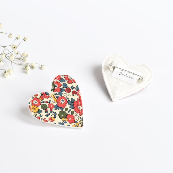 Liberty fabric love heart brooch handmade by stitch galore