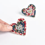 Sewn heart badge, embroidered fabric heart brooch handmade by Stitch Galore
