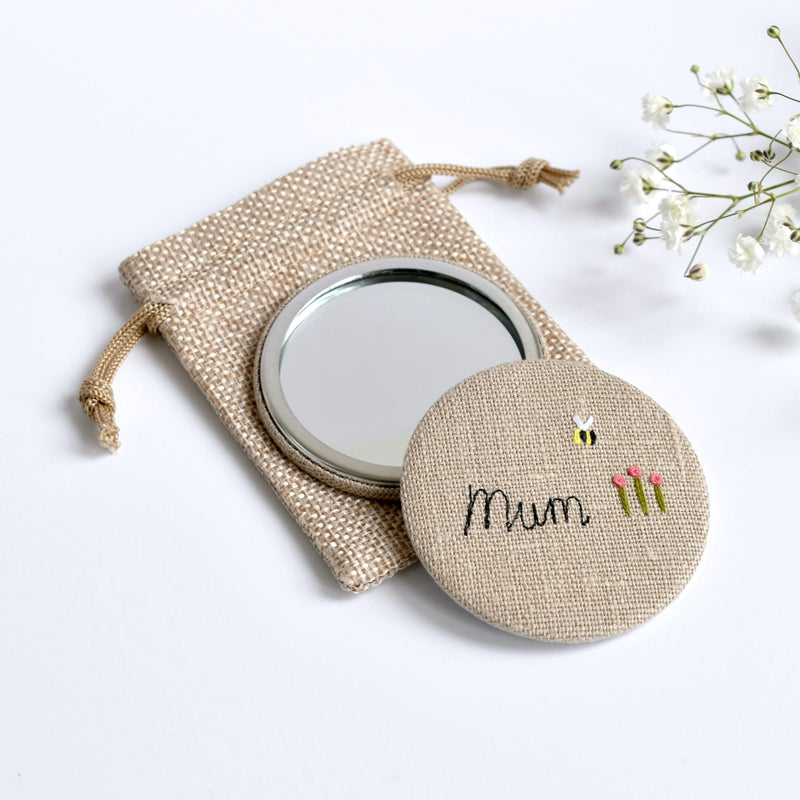 Mum compact mirror, embroidered hand mirror handmade by Stitch Galore