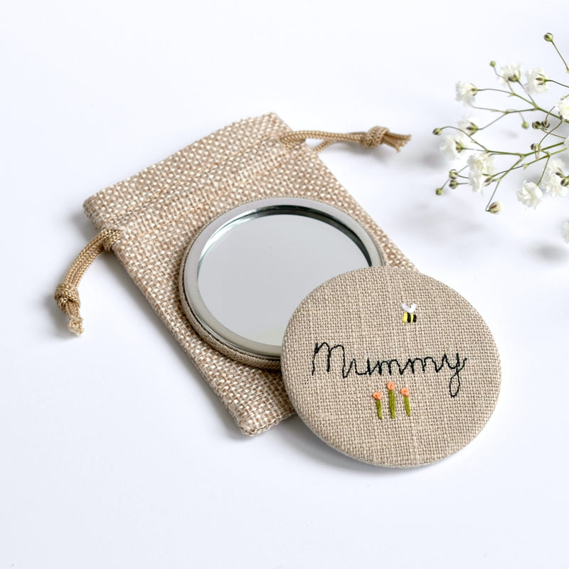 Embroidered personalised pocket mirror, personalised compact mirror handmade by Stitch Galore
