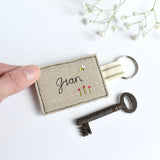 Embroidered personalised keyring, name keychain handmade by Stitch Galore