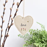 Embroidered love heart decoration, sewn love heart hanging decoration handmade by Stitch Galore
