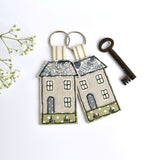 Embroidered house keyring, house keychain with blue fabric handmade by Stitch Galore
