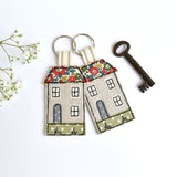 Embroidered house keyring, house keychain with red Liberty fabric handmade by Stitch Galore