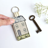 New home keyring, embroidered house keyfob with blue fabric handmade by Stitch Galore