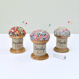 Personalised pin cushion, embroidered pins and needles holder made using Liberty fabric handmade by Stitch Galore