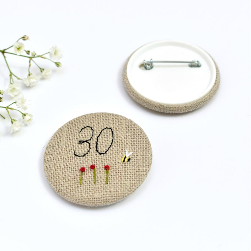 Embroidered 30th Birthday badge, embroidered badge, personalised birthday badges handmade by Stitch Galore 