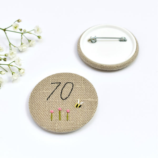 70th Birthday badge, embroidered birthday badge, personalised birthday badges handmade by Stitch Galore 