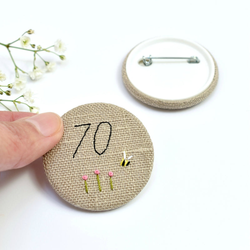 Personalised birthday badge, 70th Birthday badge, embroidered badge handmade by Stitch Galore 