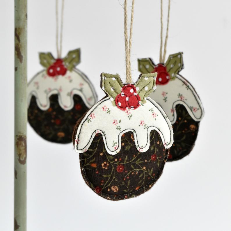 Sewn fabric Christmas pudding decoration handmade by Stitch Galore