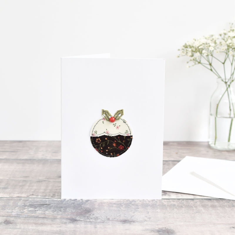 Sewn Christmas pudding Christmas Card handmade by Stitch Galore