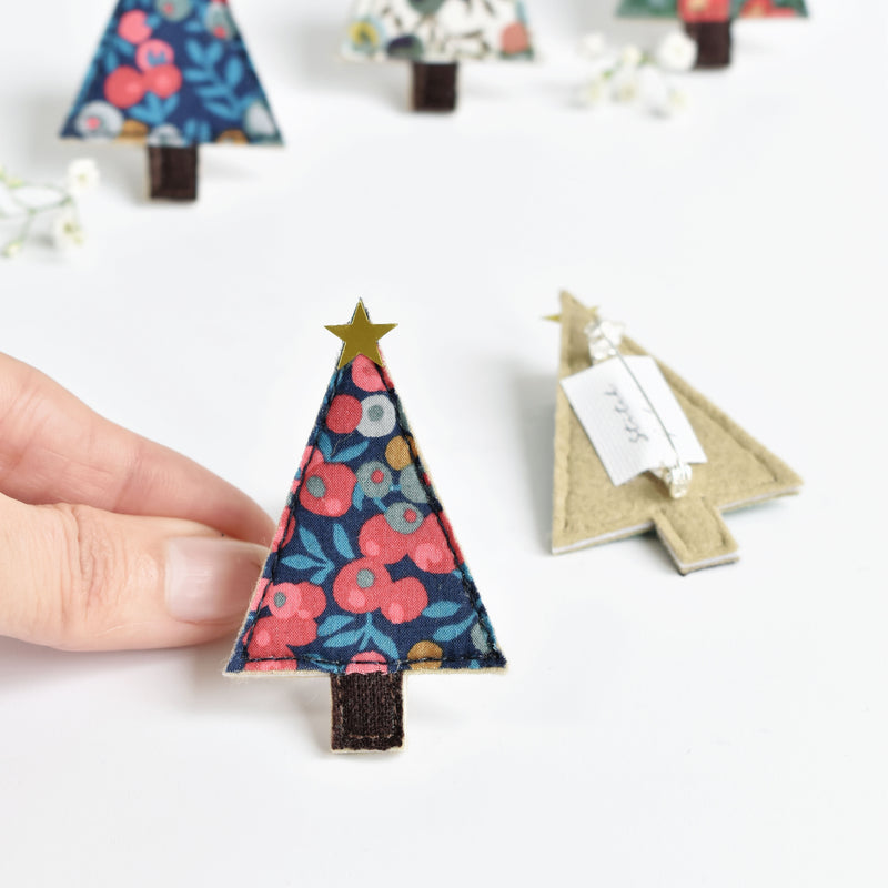 Blue Liberty fabric Christmas tree brooch, Christmas tree pin badge handmade by Stitch Galore