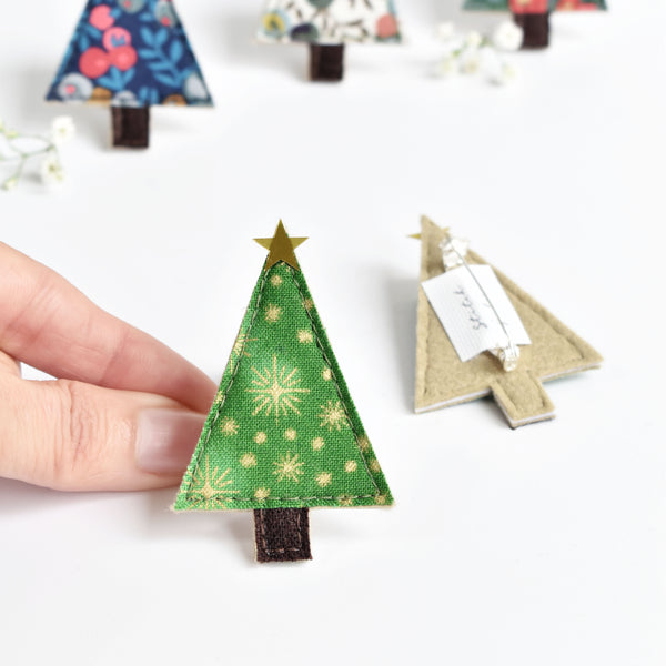 Stitched Christmas tree pin badge handmade by Stitch Galore