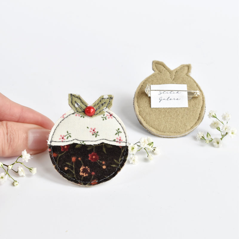 Handmade fabric Christmas pudding brooch by Stitch Galore