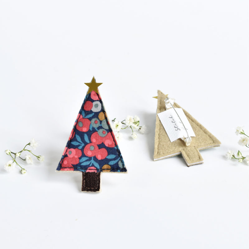 Blue Liberty fabric Christmas tree brooch, Christmas tree badge handmade by Stitch Galore