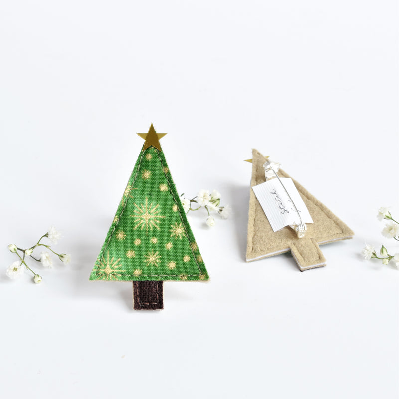 Green fabric sewn Christmas tree brooch handmade by Stitch Galore