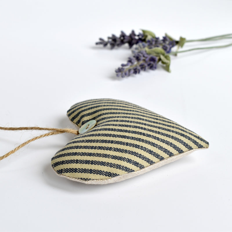 Heart lavender bag, lavender heart scented sachets, handmade with blue striped fabric by Stitch Galore 