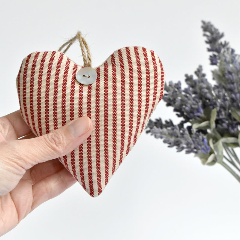 Heart lavender bag, lavender heart scented sachets, handmade with red striped fabric by Stitch Galore 