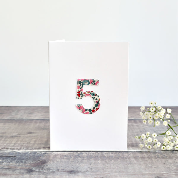 5th Birthday card, 5th Anniversary card sewn card with Liberty fabric handmade by Stitch Galore
