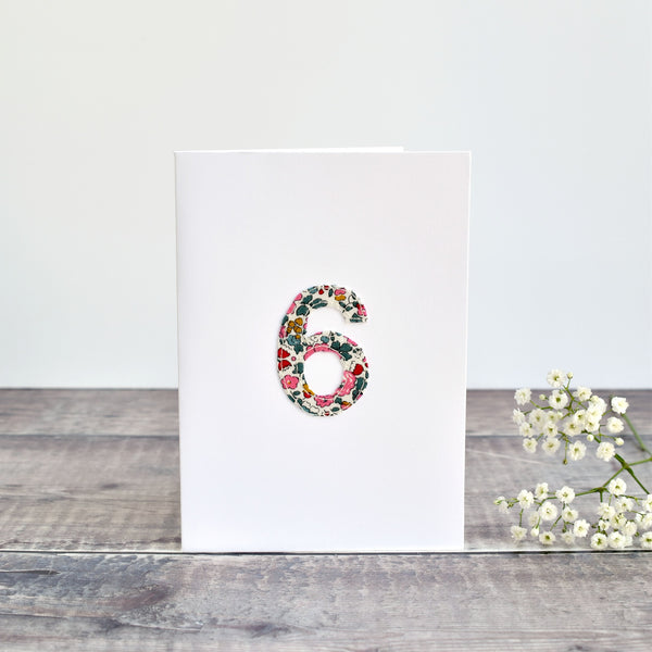6th Birthday card, 6th Anniversary card sewn card with Liberty fabric handmade by Stitch Galore