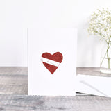 Sewn red glitter fabric heart card, Red love heart card, Valentine heart card handmade by stitch galore