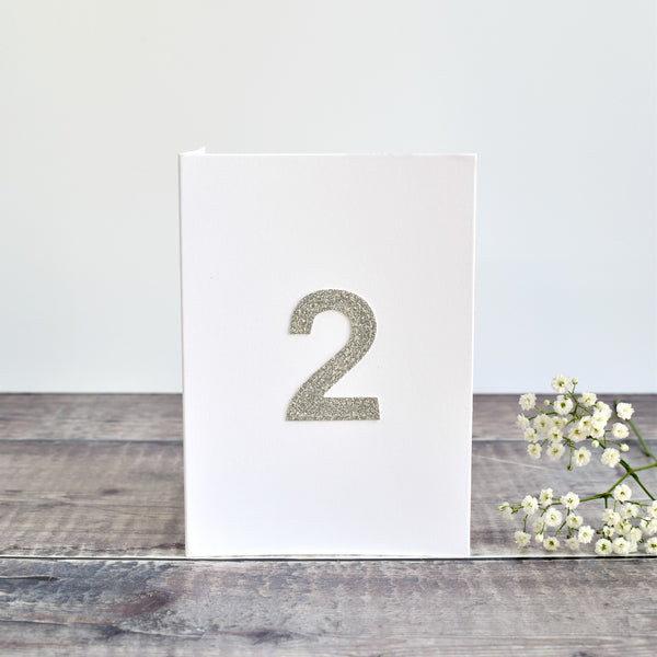 2nd Birthday card, 2nd Anniversary card sewn card with silver glitter fabric handmade by Stitch Galore
