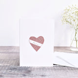 sewn pink glitter fabric heart card, sewn valentines card, sewn love heart card handmade by stitch galore