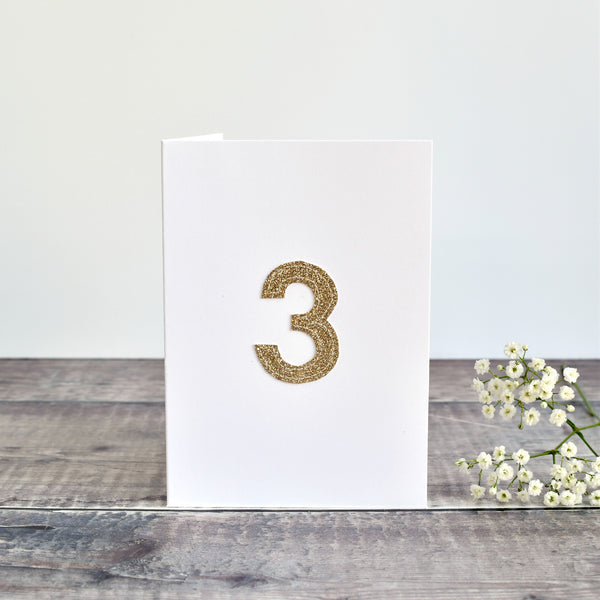 3rd Birthday card, 3rd Anniversary card sewn card with gold glitter fabric handmade by Stitch Galore