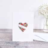 sewn Liberty fabric heart card, stitched valentines card, sewn love heart card handmade by stitch galore