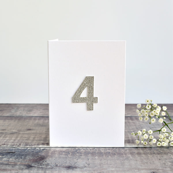 4th Birthday card, 4th Anniversary card sewn card with silver glitter fabric handmade by Stitch Galore