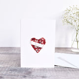 sewn red Liberty fabric heart card, sewn Liberty fabric valentines card, sewn love heart card handmade by stitch galore
