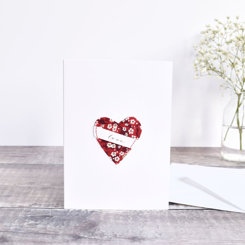 sewn red Liberty fabric heart card, sewn Liberty fabric valentines card, sewn love heart card handmade by stitch galore