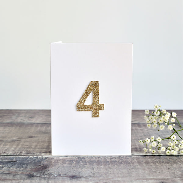 4th Birthday card, 4th Anniversary card sewn card with gold glitter fabric handmade by Stitch Galore