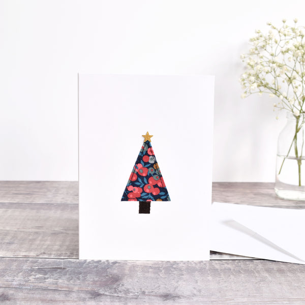 Embroidered Christmas tree Christmas card made from festive Liberty fabric handmade by Stitch Galore