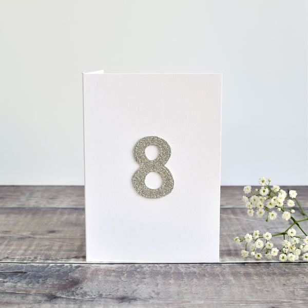 8th Birthday card, 8th Anniversary card sewn card with gold glitter fabric handmade by Stitch Galore