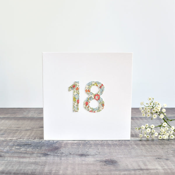 18th Birthday card, 18th Anniversary card sewn card with Liberty fabric handmade by Stitch Galore