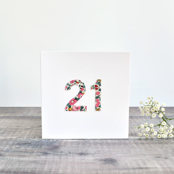 21st Birthday card, 21st Anniversary card sewn card with Liberty fabric handmade by Stitch Galore