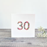 30th Birthday card, 30th Anniversary card sewn card with Liberty fabric handmade by Stitch Galore