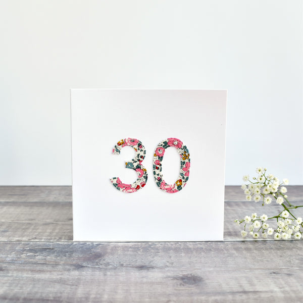 30th Birthday card, 30th Anniversary card sewn card with Liberty fabric handmade by Stitch Galore