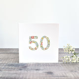 50th Birthday card, 50th Anniversary card sewn card with Liberty fabric handmade by Stitch Galore