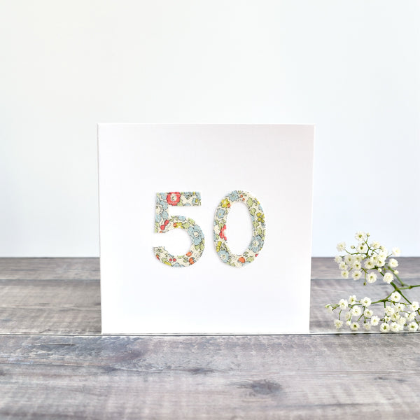 50th Birthday card, 50th Anniversary card sewn card with Liberty fabric handmade by Stitch Galore