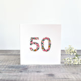 50th Birthday card, 50th Anniversary card sewn card with Liberty fabric handmade by Stitch Galore